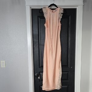 NWT Future Collective Sleeveless Peach Satin And Lace Midi Slip Dress Size XS